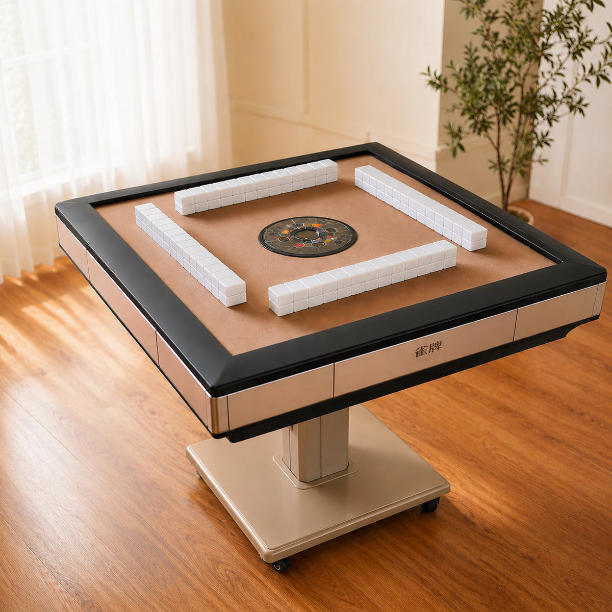 Automatic mahjong table in Melbourne with white frame and brown playing surface