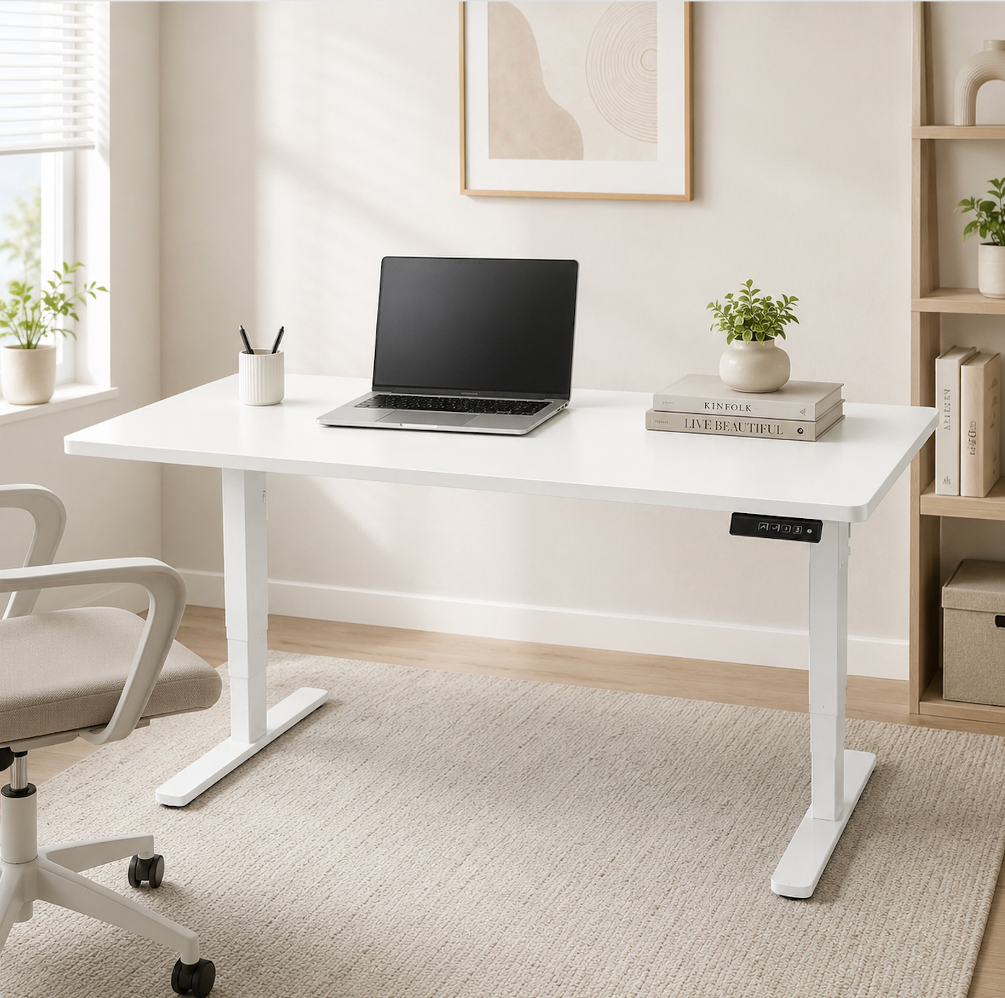 White Desktop Electric Height-Adjustable Standing Desk with 3 Memory Presets
